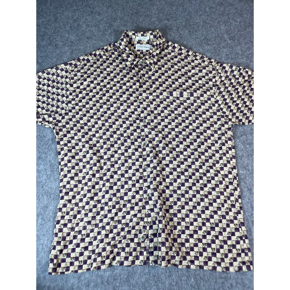 Vintage Mario Ferrari Button Up Shirt Mens XL Beige Purple Check Rayon Western